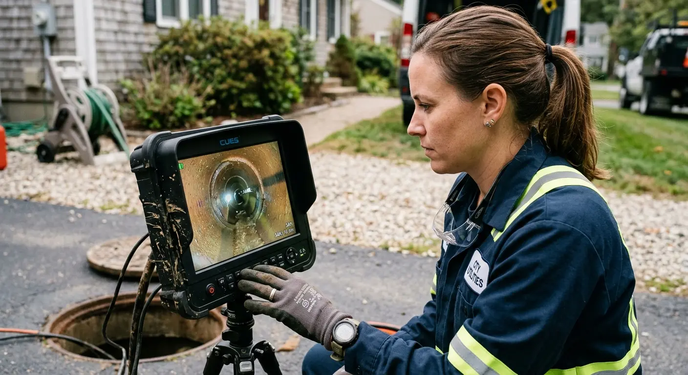 Technician reviewing sewer camera inspection footage in Riviera Beach